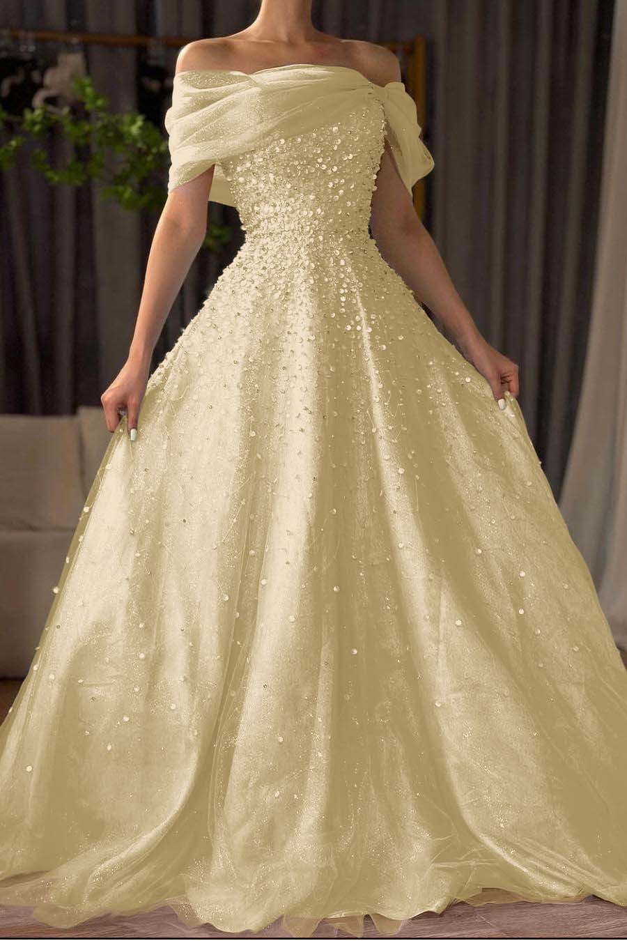 Off the Shoulder Sleeveless Long Prom Dress With Beading Tulle