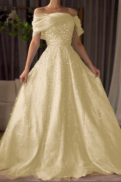 Off the Shoulder Sleeveless Long Prom Dress With Beading Tulle