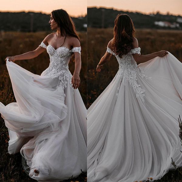 Bmbridal Off-the-Shoulder Boho Wedding Dress Tulle With Lace Appliques-BMbridal