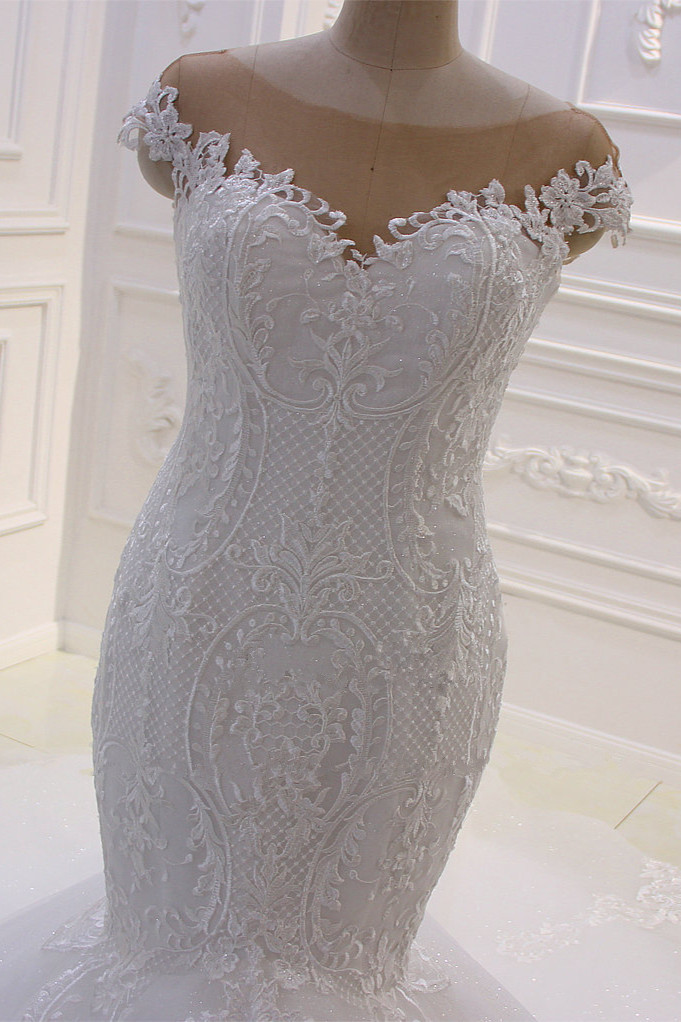 BMbridal Elegant Jewel Tulle Lace Sequined Wedding Dress Mermaid Appliques Sleeveless Bridal Gowns On Sale-BMbridal