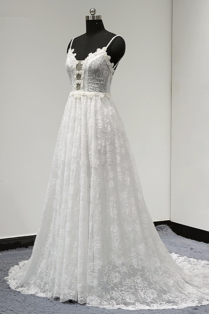 BMbridal Sexy V-neck Tulle Lace Wedding Dress Spaghetti Straps V-Neck Appliques Bridal Gowns Online-BMbridal