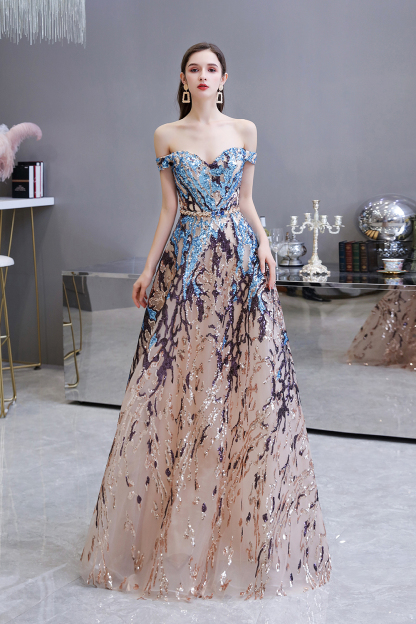 BMbridal Glamorous Off-the-Shoulder Sequins Evening Gowns Long Multi-Color Prom Dress