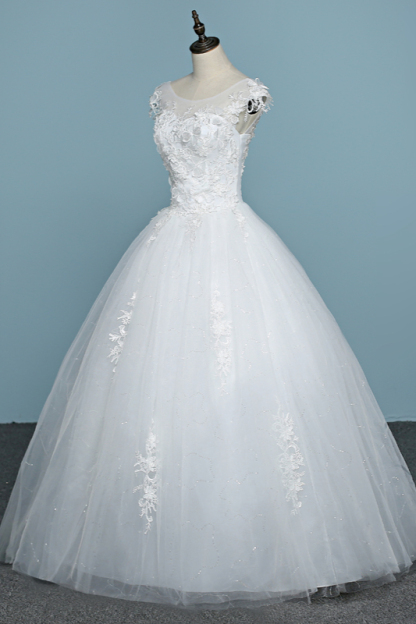 BMbridal Chic Jewel Tulle Lace White Wedding Dress Sleeveless Appliques Bridal Gowns with Flowers Online-BMbridal