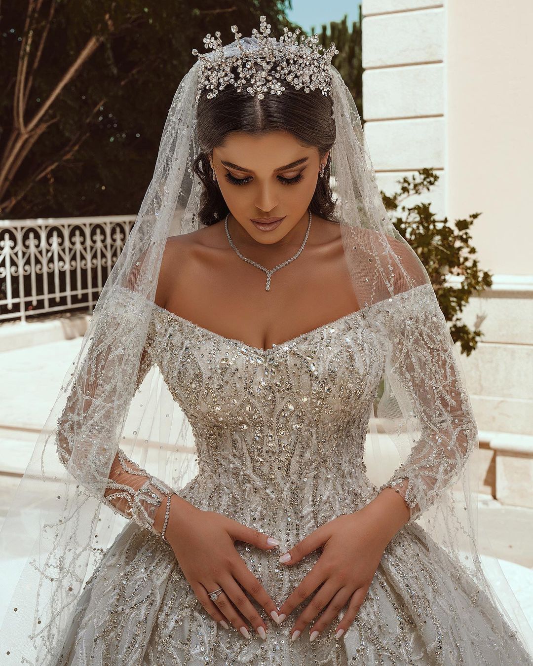 BMbridal Long Sleeves Crystal Wedding Dress Ball Gown Off-the-Shoulder-BMbridal