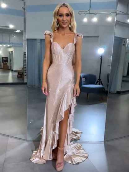 Navy Blue Shimmer Ruffle Long Corset Prom Dress with Slit