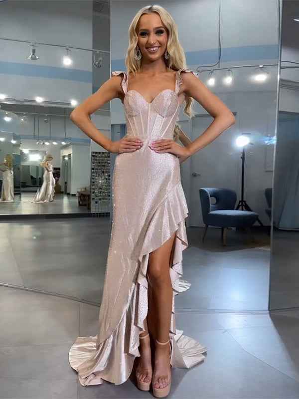 Navy Blue Shimmer Ruffle Long Corset Prom Dress with Slit