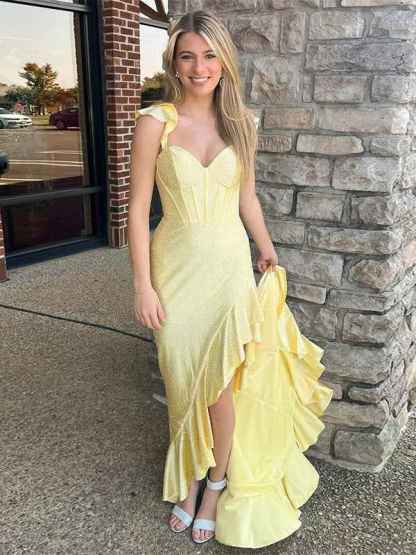 Navy Blue Shimmer Ruffle Long Corset Prom Dress with Slit