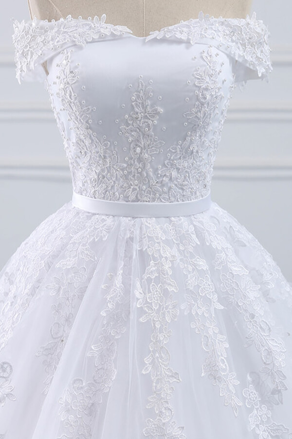 BMbridal Unique Off the Shoulder Appliques Lace Wedding Dress Ball Gown White A-line Bridal Gowns On Sale-BMbridal