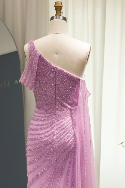 Bmbridal Split Front A-Line Lilac One Shoulder Floor-Length Prom Dresses with Ruffles