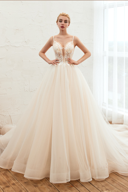 BMbridal Elegant Spaghetti-Starps Tulle Wedding Dress With Appliques