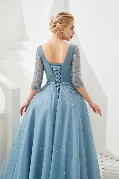 BMbridal Dusty Blue V-Neck Half-Sleeve Prom Dress Long With Beadings Lace-up