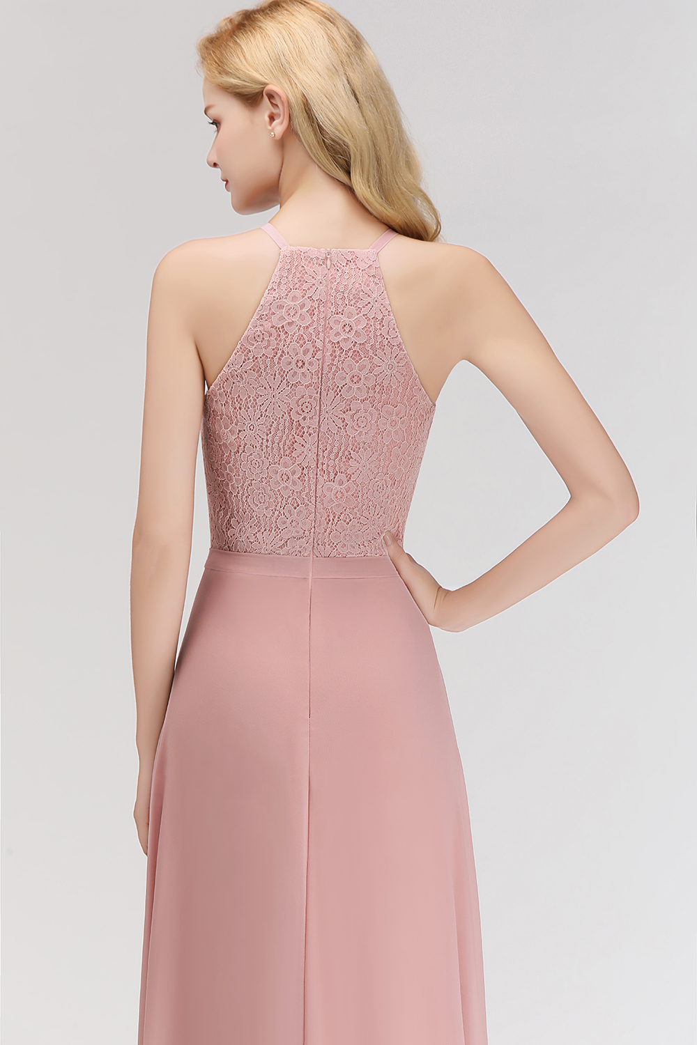 BMbridal Gorgeous High-Neck Halter Lace Affordable Bridesmaid Dress with Ruffle
