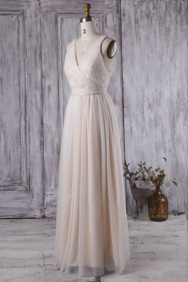 BMbridal Chic Tulle Lace Wedding Dress Ruffle V-neck Sleeveless Bridal Gowns On Sale-BMbridal