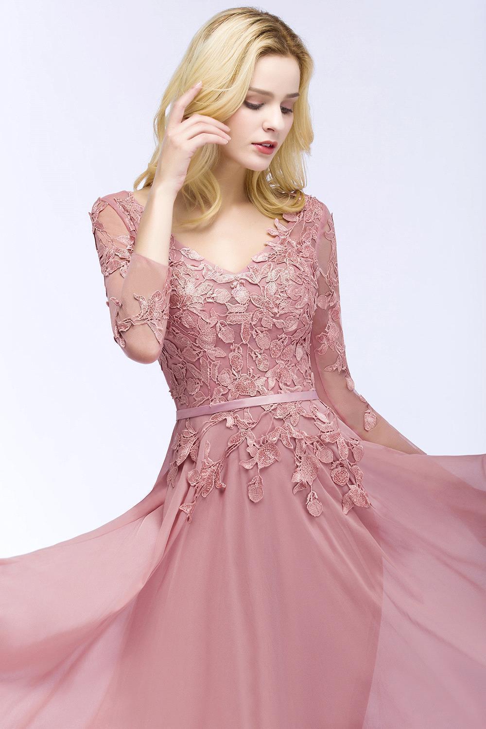 BMbridal Elegant Chiffon Lace Dusty Rose Evening Dress