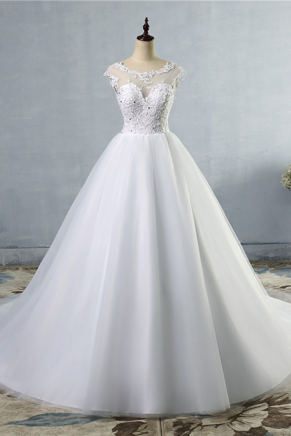 BMbridal Elegant Jewel Tulles Lace Wedding Dress Sleeveless Appliques Beadings Bridal Gowns Online