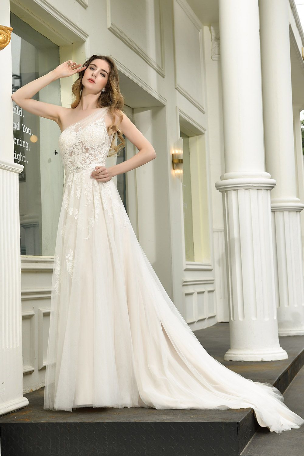 BMbridal Sexy A-Line One Shoulder Tulle Lace Ivory Wedding Dress Online