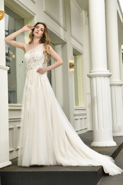 BMbridal Sexy A-Line One Shoulder Tulle Lace Ivory Wedding Dress Online
