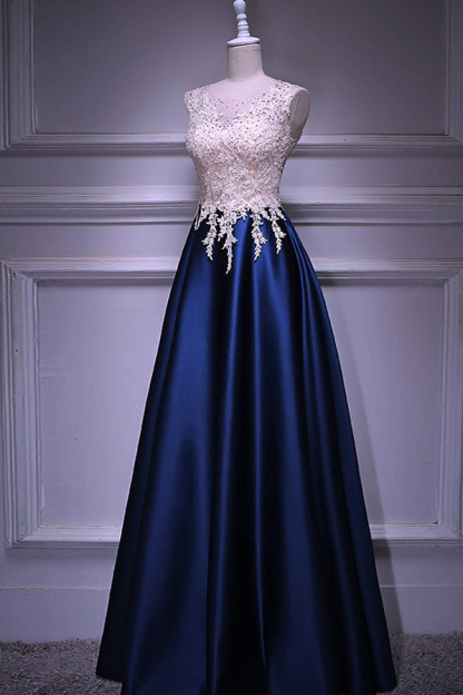 BMbridal Elegant Jewel Dark Navy Beadings A-Line Prom Dresses Sleeveless Appliques Ruffle Party Dresses On Sale-BMbridal