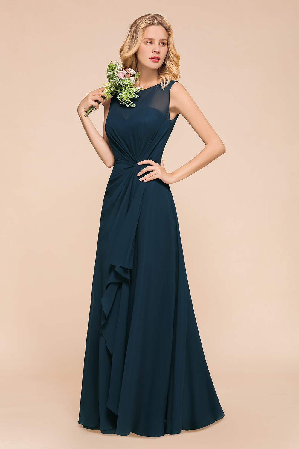 BMbridal Beautiful Chiffon Jewel Ruffle Navy Affordable Bridesmaid Dresses Online-BMbridal