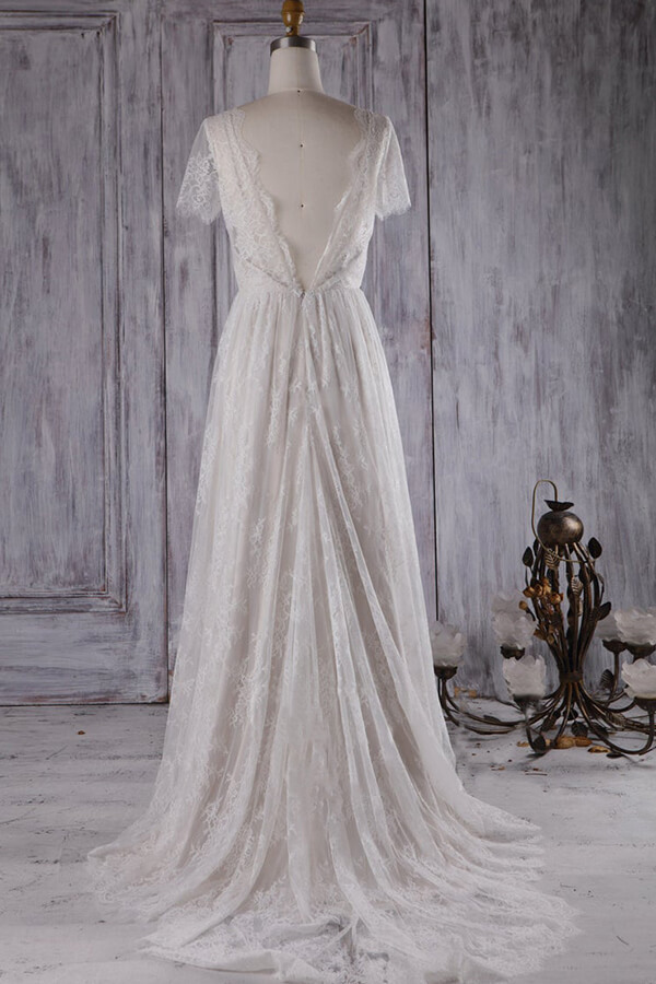 BMbridal Elegant A-line Lace Wedding Dress Short Sleeves Appliques Bridal Gowns Online-BMbridal