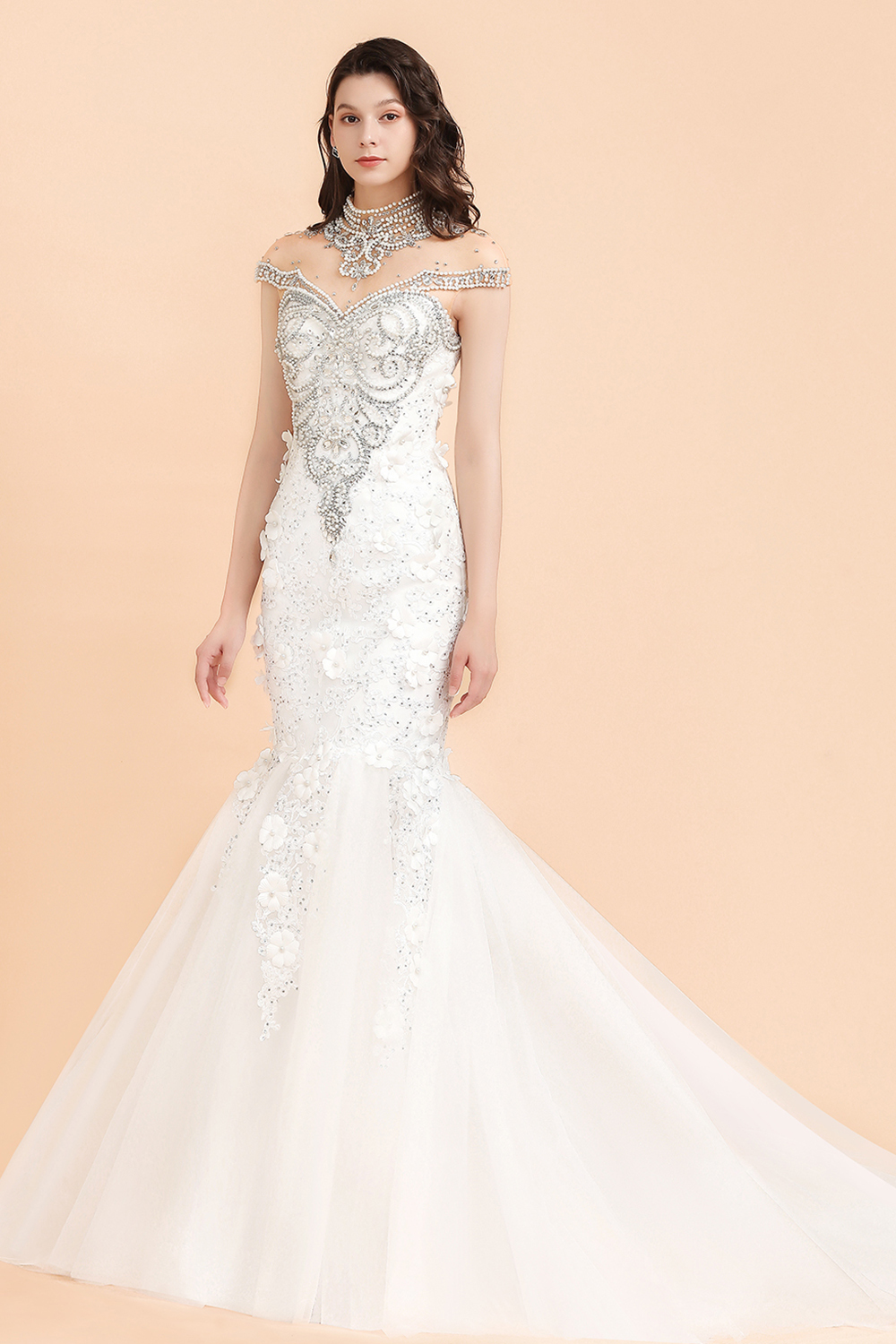 BMbridal Luxury Mermaid Wedding Dress Tulle Lace Sequins Sleeveless Bridal Gowns with Pearls-BMbridal