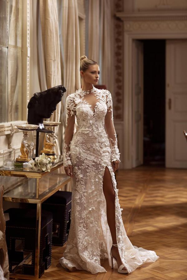 Bmbridal Long Sleeves High Neck Wedding Dress Tulle Appliques With Slit-BMbridal