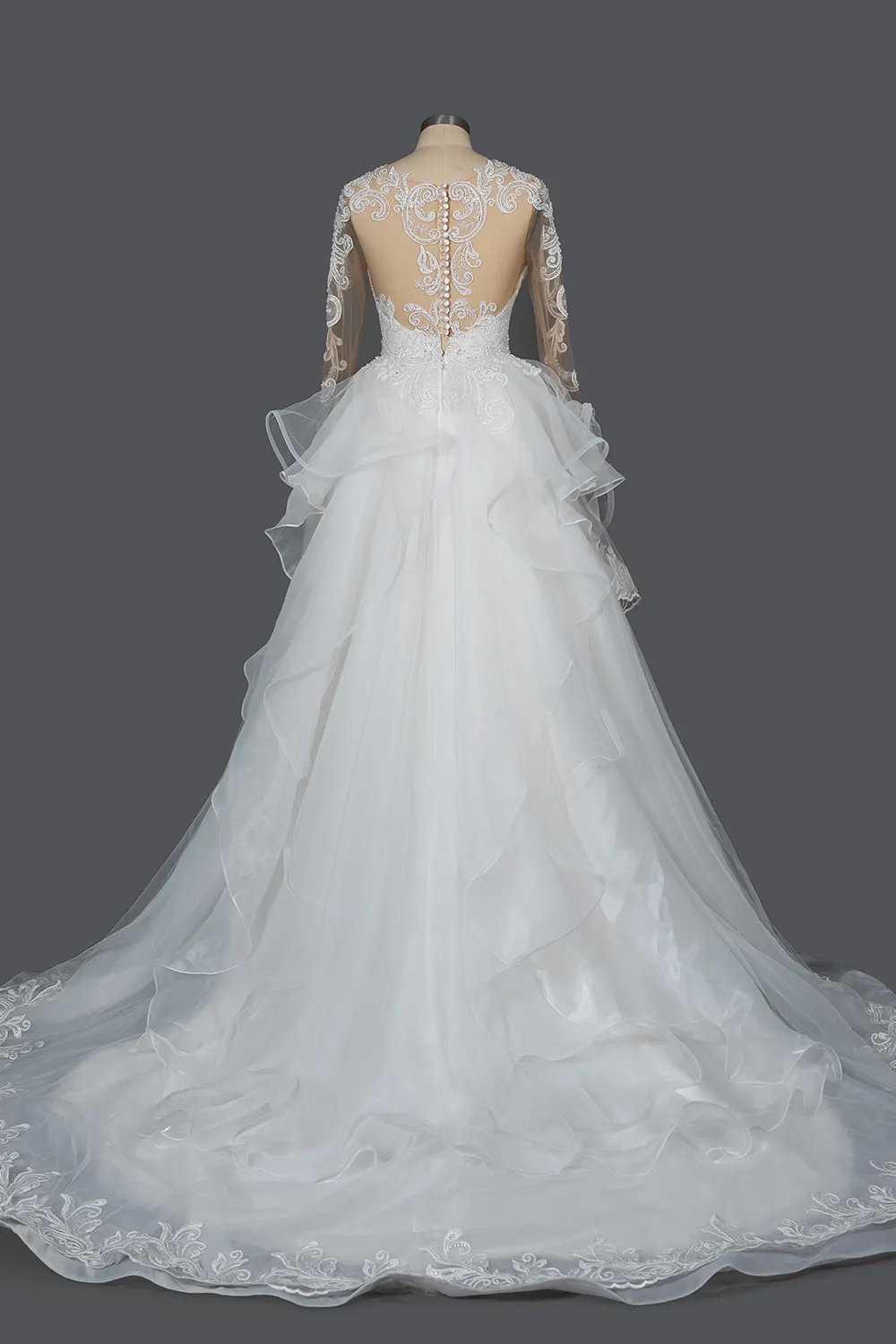 Chic Ruffles Ball Gown Long Sleeve Wedding Dress with Lace Appliques