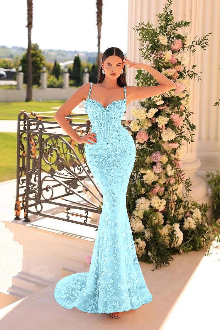 Spaghetti Strap Sleeveless Mermaid Appliques Long Prom Dress With Beadings