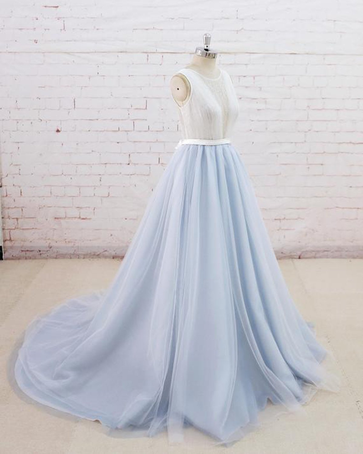 BMbridal Gorgeous Light Blue Tulle Lace Wedding Dress Sheer Back Summer Bridal Gowns On Sale