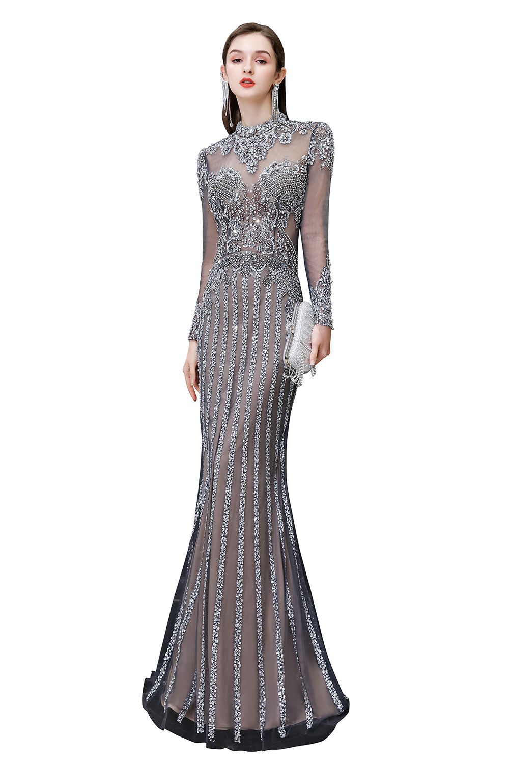 BMbridal Gorgeous Long Sleeve Mermaid Prom Dress With Sequins High-Neck Evening Gowns