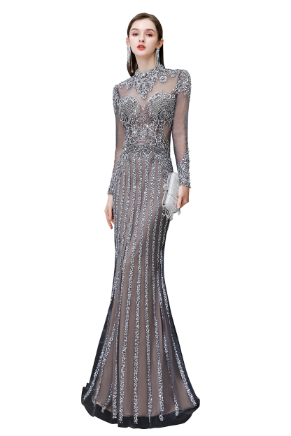 BMbridal Gorgeous Long Sleeve Mermaid Prom Dress With Sequins High-Neck Evening Gowns