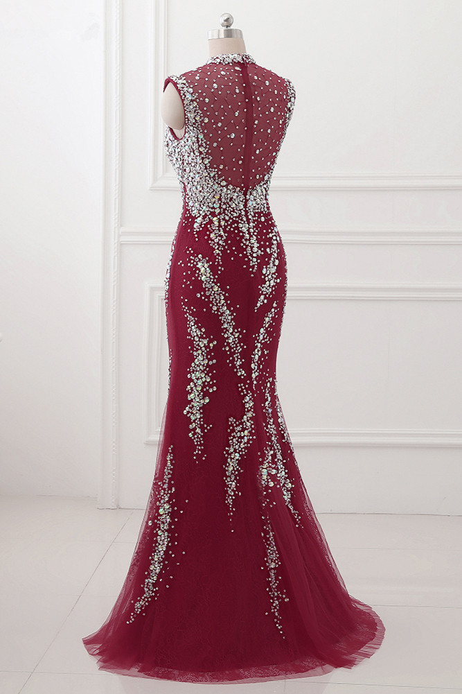 BMbridal Luxury High-Neck Burgundy Mermaid Prom Dresses Sleeveless with White Rhinestones