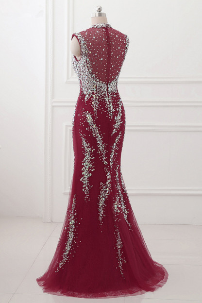 BMbridal Luxury High-Neck Burgundy Mermaid Prom Dresses Sleeveless with White Rhinestones