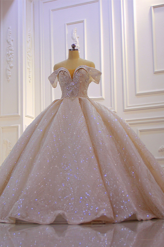 Stylish Off-The-Shoulder Satin Ball Gown Ruffles Wedding Dress Beading with Sequins