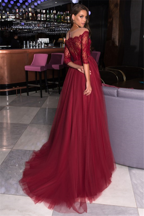 Bmbridal Half Sleeves Burgundy Lace Prom Dress Tulle Long