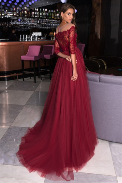 Bmbridal Half Sleeves Burgundy Lace Prom Dress Tulle Long