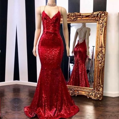 Bmbridal Spaghetti-Straps V-Neck Mermaid Prom Dress Sequins With Appliques