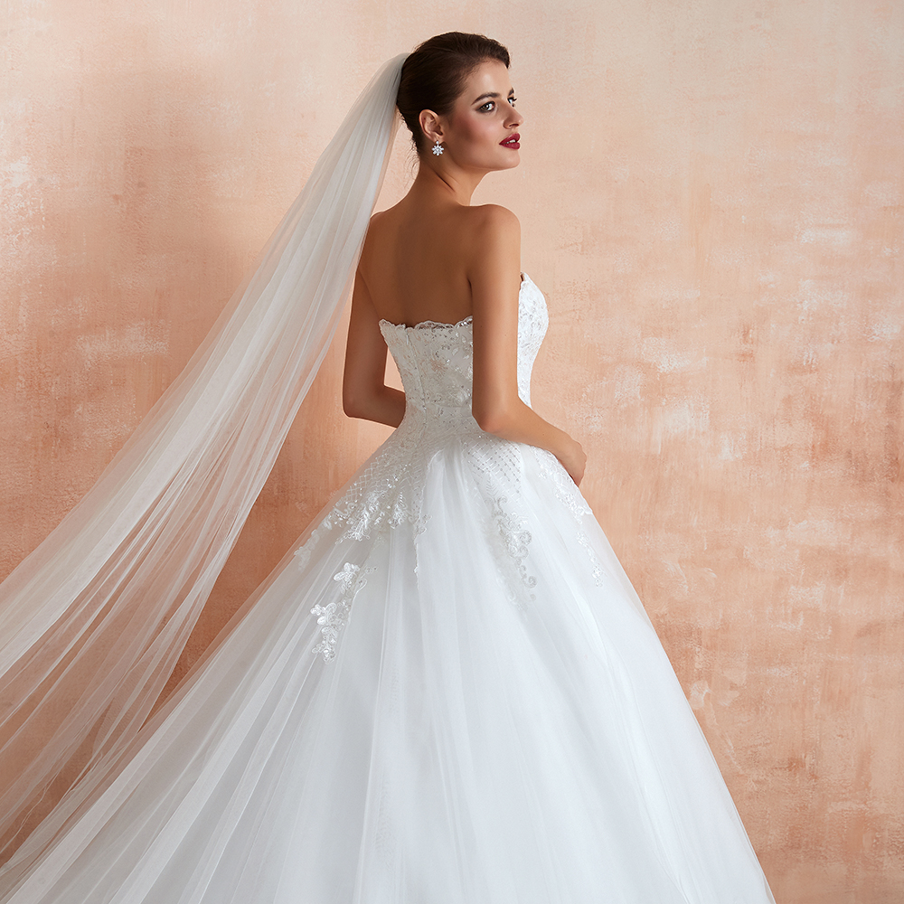 BMbridal Stylish Strapless White Lace Affordable Wedding Dress Online with Low Back