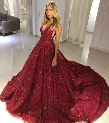 Bmbridal Red A-Line V-Neck Prom Dress With Sequins