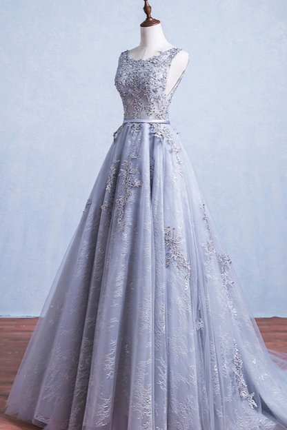 BMbridal Elegant Jewel Tulle Lace Prom Dresses Sleeveless Appliques Ruffles Party Dresses On Sale