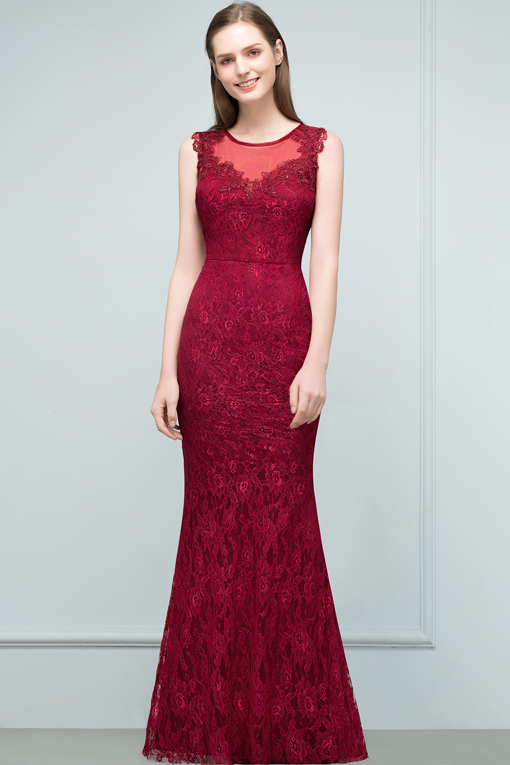 BMbridal Gorgeous Bugrundy Lace Prom Dress Long Mermaid Evening Gowns Online