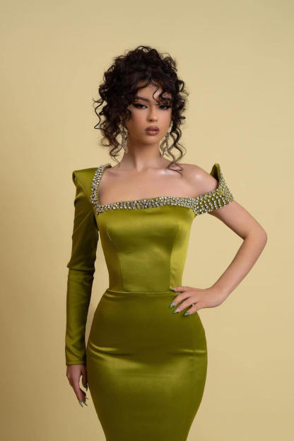 Elegant Mermaid Square Long Sleeve Beading Satin Split With Train Prom Dresses