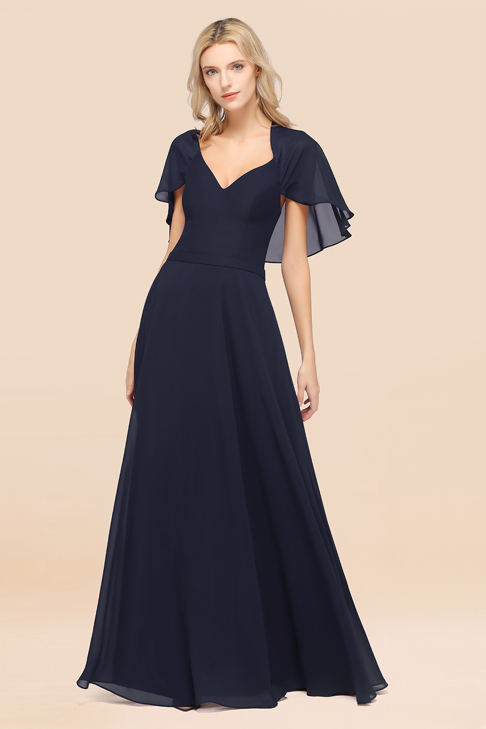 BMbridal Chic Satin V-Neck Long Burgundy Chiffon Bridesmaid Dress with Flutter Sleeve-BMbridal