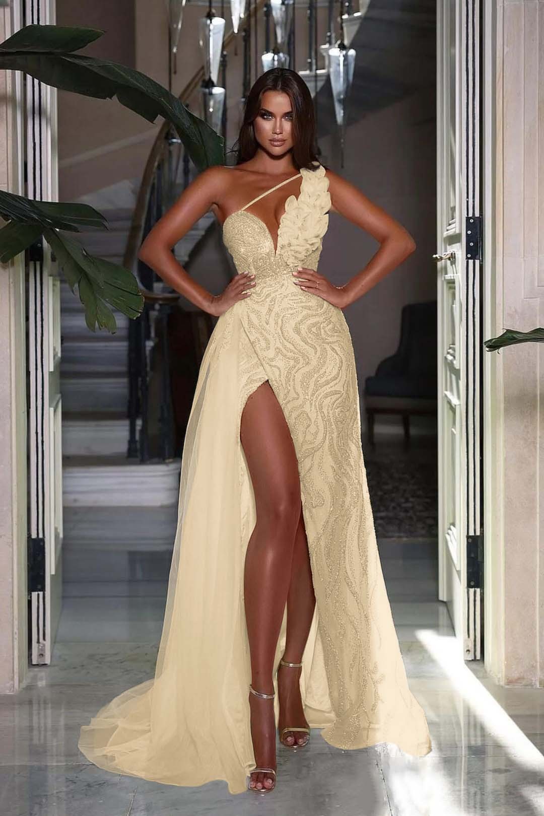 Heavy Sequins Prom Dress Sleeveless One Shoulder With High Slit
