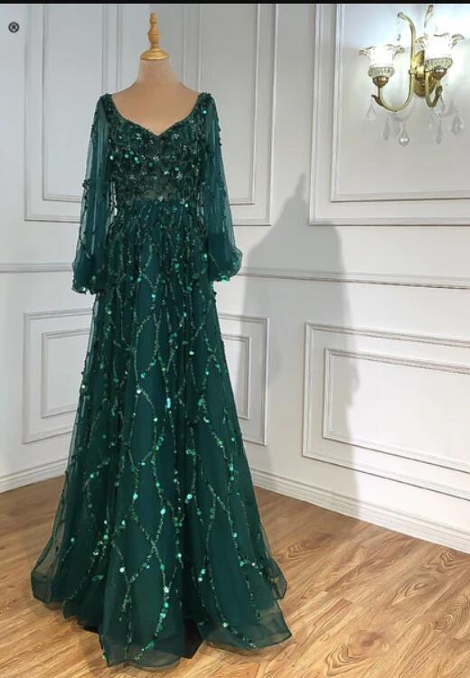 Bmbridal Gold Long Sleeves Prom Dress V-Neck With Sequins Appliques