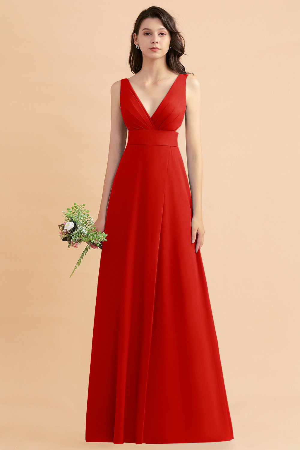 BMbridal A-Line Dusty Blue Chiffon Ruffles Bridesmaid Dress with Slit-BMbridal