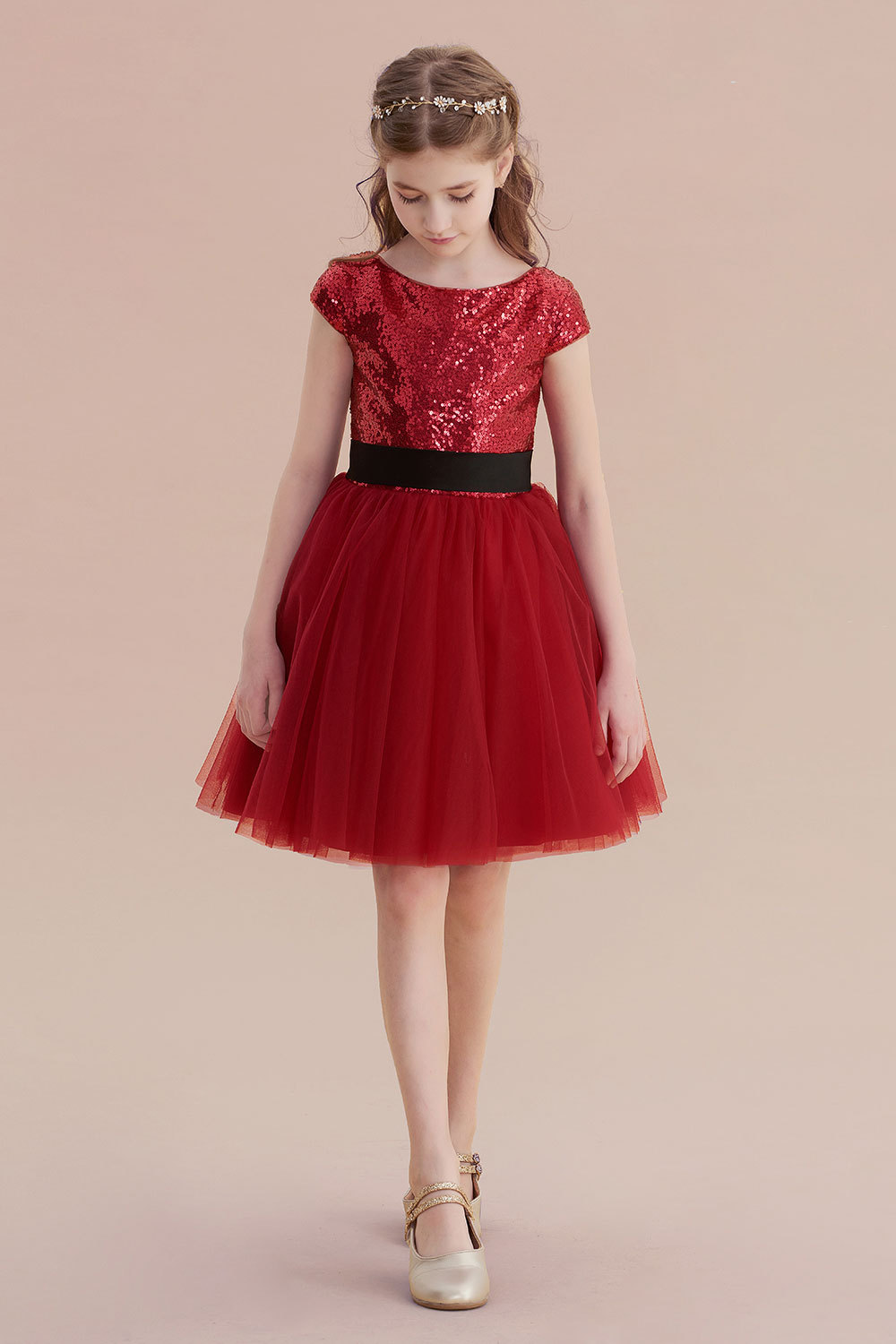 BMbridal A-Line Cap Sleeve Sequins Tulle Flower Girl Dress On Sale-BMbridal