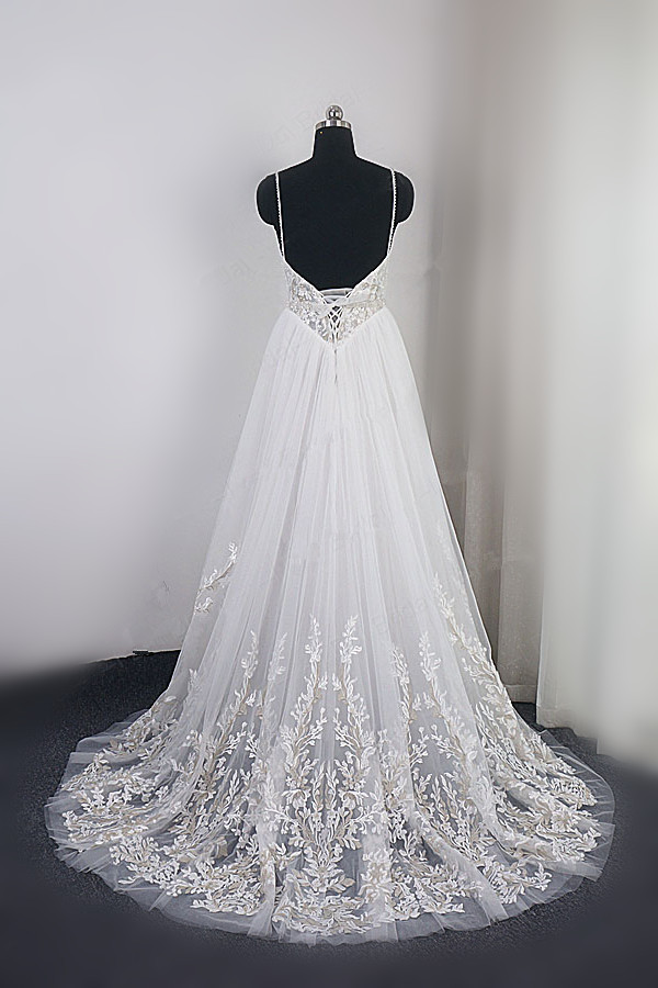 BMbridal Elegant Spaghetti Straps Tulle Lace Wedding Dress V-Neck Appliques See Through Top Bridal Gowns-BMbridal