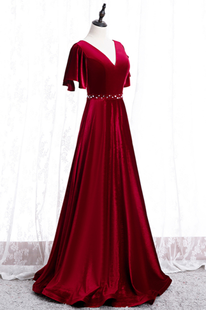 BMbridal Chic V-Neck Ruffles Burgundy Prom Dresses Short Sleeves A-Line Party Dresses with Rhinestones Sash-BMbridal