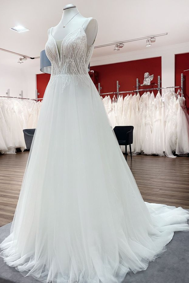 BMbridal Breath-taking Tulle V Neck Sequins Ruffles A-Line Wedding Dresses-BMbridal